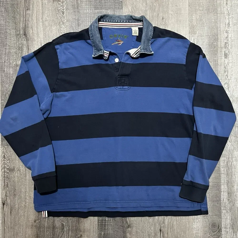 VTG Orvis Denim Collar Blue Striped Long Sleeve Polo Shirt Y2K Rugby Men's XL